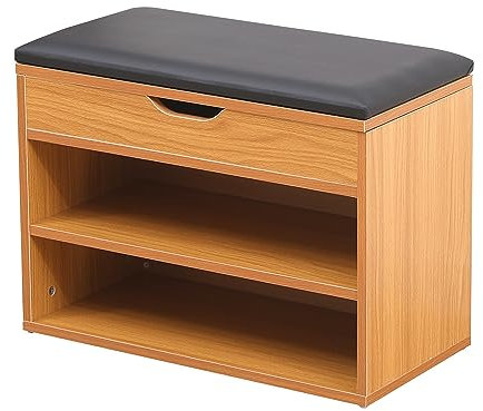 AVC Designs 60cm Shoe Bench Pine Wooden Shoe Storage Cabinet Organiser With Seat Cushion