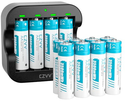 Piles Rechargeables Lithium AA 1,5V - Chargeur avec 12 Pack Accu Haute Capacité 3500mWh - Recharge Rapide 2H - Longue Durée 10 Ans, 1300 Cycles, Sortie Constante, Aux Souris, Claviers, Manettes de Jeu