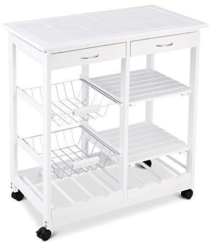 COSTWAY Kitchen Serving Trolley, Rolling Storage Bar Cart with Tile Worktop, Wine Racks, Mesh Baskets, Drawers & Shelves, Wooden Kitchen Island on Wheels for Home Restaurant (White)