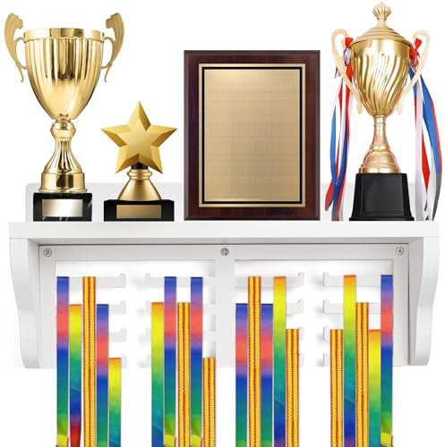 Caydo Medaillenhalter aus Holz mit Ablage, weiße Trophäe und Medaillen-Präsentationsregal mit 16 Haken, 4 Reihen Medaillenhalter für die Wand für Medaillen, 39,5 x 18,5 cm
