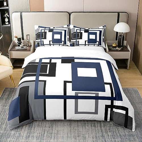 100 % Baumwolle, marineblau, quadratischer Bettdeckenbezug für Teenager, Jungen, Doppel-Lack, weiß, grau, geometrisch, gestreift, Bettwäsche-Set für Kinder und Männer, abstrakte Linien, Raster,