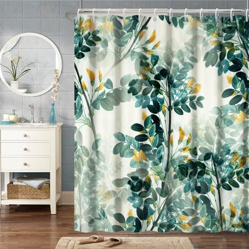 Bovlleetd Rideaux de Douche à Feuilles Vert foncé Impression 3D Feuilles Rideaux de Douche à Motif Chic Rideaux de Douche à Fleurs dorées pour Ensemble de Salle de Bain avec Crochets 92W x 183H cm