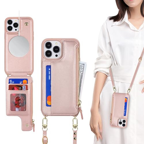 SailorTech for iPhone 12/12 Pro Case with Credit Card Holder magsafe, iPhone 12/12 Pro Phone Leather Case Wallet for Men Crossbody with mag safe Zipper Shockproof Case for Women - Rose Gold