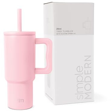 Simple Modern Mug Isotherme avec Poignée et Paille en silicone | Gourde Isotherme en Acier Inoxydable | Tumbler de viaje | Trek | 710ml | Blush