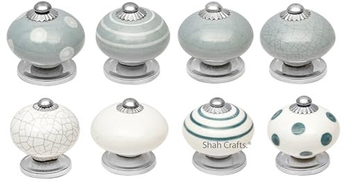Art Of Creation Grey and White Assorted Ceramic Door Knob Handmade Vintage Door Knobs Shabby Chic Interior Furniture Cabinet Cupboard Drawers Pulls Handles (Pack of 8)