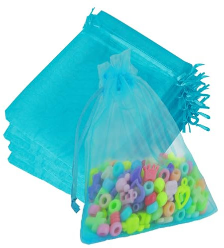 Diueoly Organza-Beutel, transparent, 12,7 x 17,8 cm, Schmuck-Geschenkbeutel, Partybeutel mit Kordelzug, Netz-Geschenkbeutel, Mini-Süßigkeitenbeutel für Hochzeit, Weihnachten, Party, Seeblau, 50 Stück