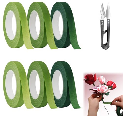 Nastro Fiorista, Adesivo Nastro per Fioristi, 6 Rotoli Nastro Fiorista Verde, Nastro Fiore, Nastri Floreali a Stelo, Confezionamento di Fiori, per bouquet e artigianato floreale (27 m/rotolo)