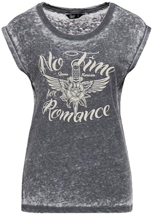 Queen Kerosin Damen T-Shirt Damen Enzym Wash Used Look Vintage Tattoo Art Motorrad Biker Riding Sleevles Top Rose Knife Oldschool No Time for Romance