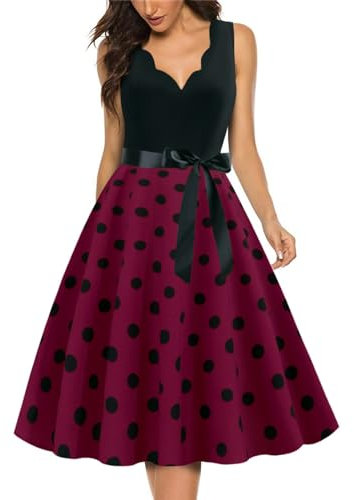 Femme Robe de Soirée Cocktail Vintage Année 1950 40 50 60 70 80 Pin-Up Rockabilly Swing Robe A Pois Robe au Genou Femme Chic et Elegante,Violet,XL,S33A