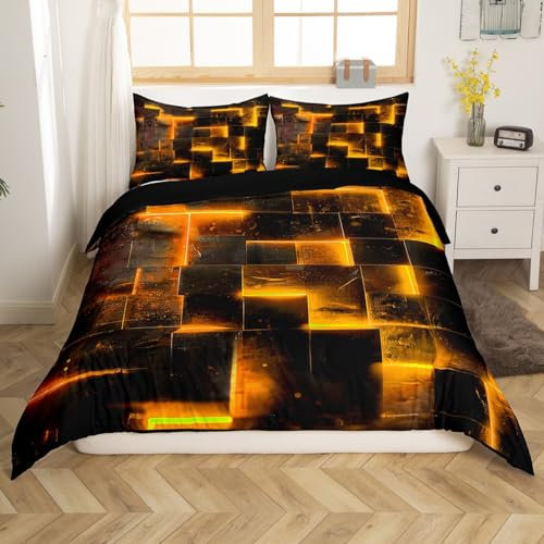 Homewish Schwarz und Orange Bettbezug Modern Abstract 135x200 Bettwäsche Set,3D Glühende Plaid Tröster Abdeckung Gradient Gitter Bett Set,Neon Quadratische Bettwäsche (Schwarz Reversibel)