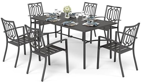 PHIVILLA Garden Table and Chairs Set 6 Seater Garden Furniture Set Metal Stackable Chairs with Large Rectangle Table Garden Patio Outdoor Dining Set All Weather Black