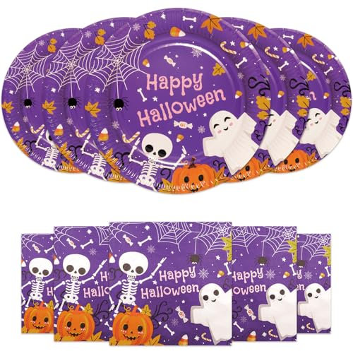 HNH Set di Piatti di carta Halloween 40 pezzi Fantasma, Viola Piatti da cena 23 cm con Tovaglioli di carta usa e getta per feste