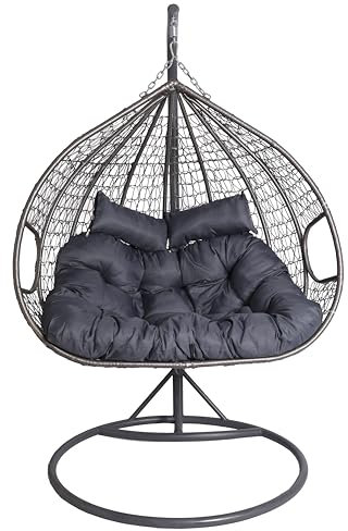 2mGoods Hängesessel mit Gestell für 2 Personen, Korbhängesessel Outdoor & Indoor, Hängekorb Sessel Outdoor Garten, mit Gestell und XXL Rückenkissen, Polyrattan Hängestuhl 2 Personen (Anthrazit)