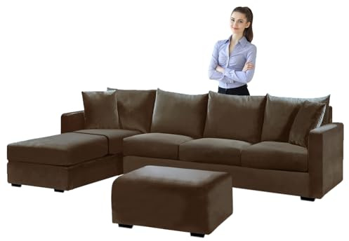 SYLC Samt Couch überzug L Form Sofabezug Ecksofa, Sofa Cover L Shape Stretch Mit Sitzkissen Rückenlehne, Universal Sofaüberwurf Waschbar (Dark Brown,Hocker Rectangular)