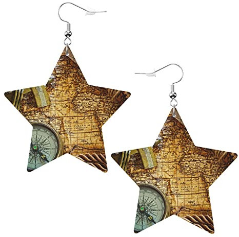 JOYXEONA Kompass und alte Weltkarte bedruckte Damen-Leder-Ohrringe sternförmige Ohrringe baumelnde Ohrringe, Einheitsgröße, Polyvinylchlorid