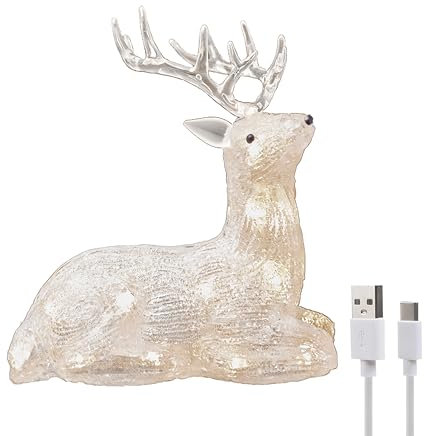 Gloworm YKL-1016, 21,5 cm Rentier mit Acryl-Batteriebox, 20 warmweiße LEDs, 6H Timer, Dual-Netzteil USB oder Batterie: 3 x AAA 1,5 V (Nicht im Lieferumfang enthalten), geeignet für