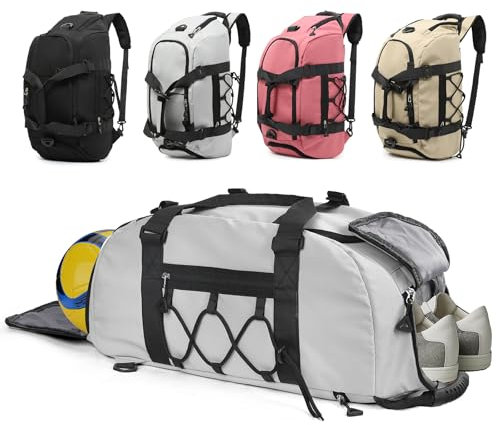 Outplea Bolsa Deporte Fitness con Compartimento Función para Zapatos y Futbol, Bolso de Gimnasio Separada Seco y Humedo, 30L Travel Duffle Bag para Viaje Gimnasio Natacion Mujer y Hombre, Blanco