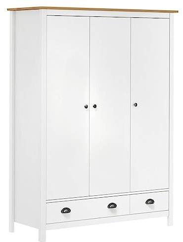 Hommdiy Kleiderschrank mit 3 Türen Hill Schlafzimmer Schrank mit Kleiderbügel Massivholz Kiefer Weiß und braun 127x50x170cm