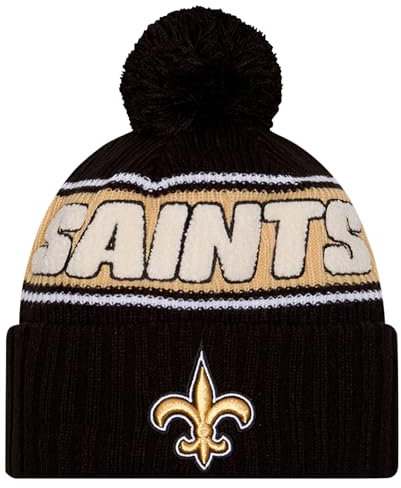 New Era Unisex-Erwachsene NFL Official Sideline Team Logo Sherpa Striped Pom Beanie Cold Weather Knit Hat, New Orleans Saints - Schwarz, Einheitsgr��e