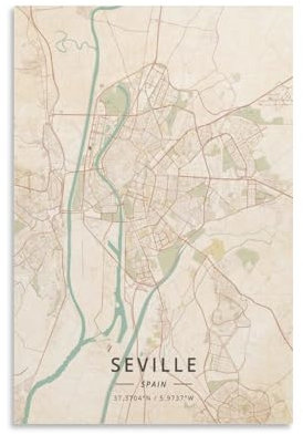 LZTEN Poster mit Karte von Sevilla, Spanien, Vintagedruck, Wanddekoration, Poster, Familie, Bar, Restaurant, Garage, Café, Kunstschild, Geschenk, ungerahmt, 40 x 60 cm