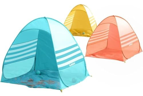 LUDI - Abriplage - Tente de Plage - Pop-Up - Anti UV 50 - Protéger du Soleil et du Vent - S'Utilise Partout - Piquets de Fixation - Dès 10 Mois