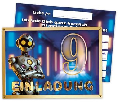 12 Einladungskarten zum 9. Geburtstag - Geburtstagseinladung Einladung zum Kindergeburtstag Kinderparty Techno-Party für Jungs Kinder Science High-Tech Künstliche Intelligenz Roboter Neonfarben