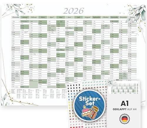 XXL Jahreskalender 2026 und Januar 2027 Jahresplaner in A1 im schönen Eukalyptus Blätter Design mit Ferien und Feiertagen Wandkalender Wandplaner Kalender Planer gefaltet gefalzt mit 2 Stickerbögen