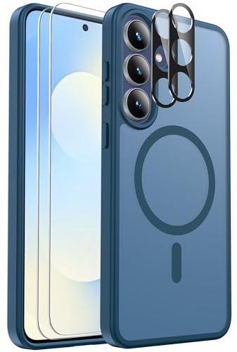 Ezanmull Coque de Protection magnétique résistante aux Chocs pour Samsung Galaxy S25 FE - 2 Films de Protection d'écran en Verre + 2 Films de Protection d'objectif d'appareil Photo - Coque