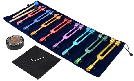 DRELD Chakra Tuning Forks Set, 7 Chakra and 1 Soul Purpose Weighted Tuners | 8Pcs Weighted Tuners with Activator, Silicone Hammer for Healing, Sound Therapy, Musical Instrument, Balancing, Colorful