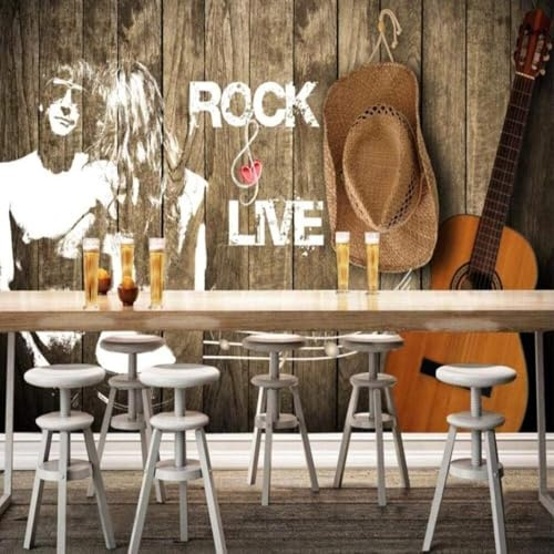 XLMING Retro Guitar Hats Wood Grain Abstract People 3D Wallpaper Silky Texture Home Study Office Grey Dining Room Sofa Bedroom Living Room TV Backdrop-350cm×256cm