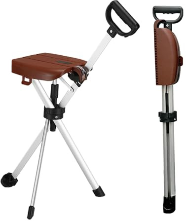 Canne De Marche avec Siège Pliable Et Léger À 3 Pieds Utilisable comme Chaise Ou Tabouret pour Les Personnes Âgées Idéale pour Les Voyages Et La Randonnée Brown