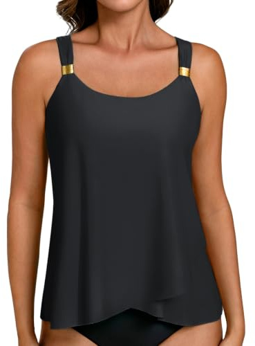 Hanna Nikole Damen Tankini Badeanzug Oberteil, Tankini Top mit Integriertem BH, Bauchweg Ruffle High Waisted Oberteil, Push Up Bademode U-Ausschnitt Badeanzüge,No Bottom