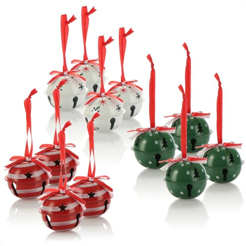 com-four® 12x Hängedeko für Weihnachten 6 cm Ø - Glöckchen-Kugeln aus Metall zum Anhängen - dekorative Blechglocken als Anhänger für Fenster, Tür und Christbaum (grün/rot/weiß - 12x)