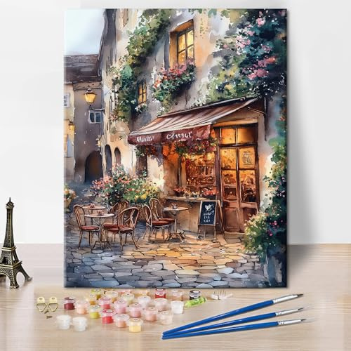 TISHIRON Adults Paint by Numbers Kit European Cafe Street Scene DIY Canvas Painting for Beginners Rustic Ivy Covered Walls Cobblestone Outdoor Seating with Blooming Flowers Acrylic 16x20 Inch
