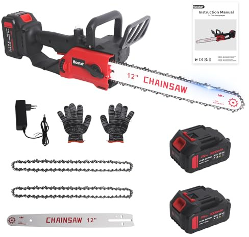 Bostar Motosierra de Batería 12 Pulgadas (30cm) con Motor Brushless, [2x 3.0Ah Baterías Incluidas] Compatible con Batería Makita 18V, Electrosierra con Lubricación Automática para Poda y Leña