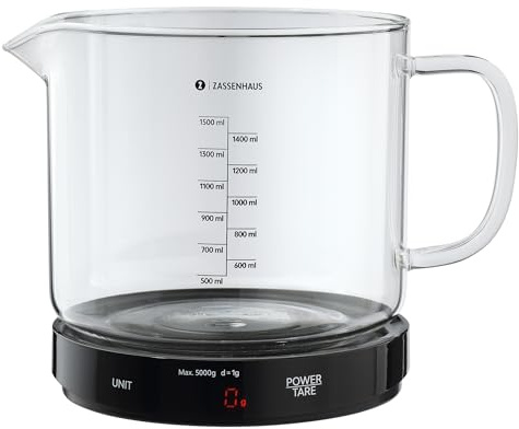 Zassenhaus BAKE Digitale Küchenwaage, 5 kg, Borosilikatglas-Messbecher | Sensor-Touch-Bedienung, TARE-Funktion, 4 Wiegeeinheiten, Abschaltautomatik, 3 AAA-Batterien enthalten, 5 kg Kapazität