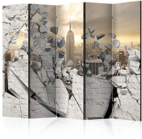 decomonkey Paravent Raumteiler Innen New York 225x172 cm 5 Teilig Einseitig Room Divider Wall Raumteiler Stehend Trennwand Sichtschutz Spanische Wand Sichtschutzwand Wohnzimmer Holz Stadt Mauer