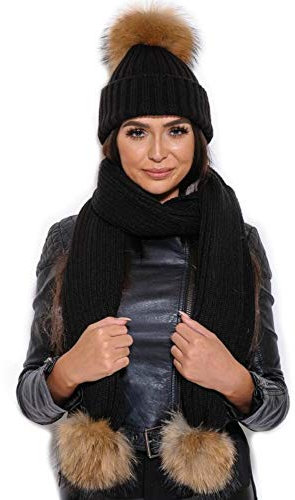 Brillabenny Set Mütze und Schal Kaschmir Echtfell Drei Bommel Mütze Damen Hat Fur Murmasky