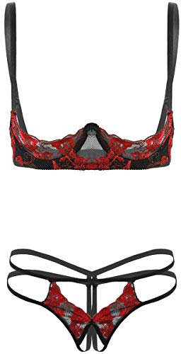Nimiya Sexy Femme Lingerie de Nuit Sein Nu Erotique Combinaison Broderie Bra Lace Transparent String Ouvert Fesse Ficelles Soutien-Gorge Réglable Push Up Tenue Soirée Adulte Rouge Taille Unique