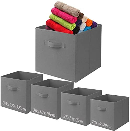 A406 2x Foldable Boxes Storage Cube Boxes Fabric Cubes with Handles Collapsible Organiser Clothes Storage Box (Grey, Large-30x30x30cm)