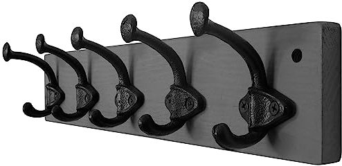 WEBI Porte Manteau Mural,5 Crochets En Fonte,Patère Murale,Bois Massif Porte Manteau Salle De Bain pour Manteaux Veste,Gris