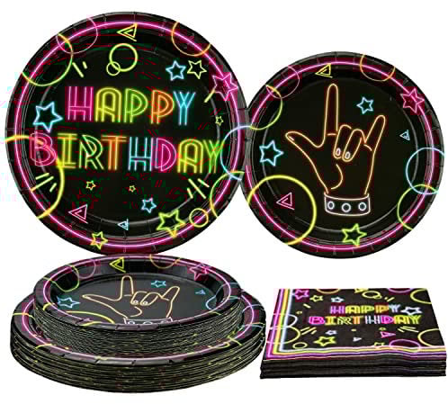 Glow Neon Party Supplies - Glow in the Dark Happy Birthday Plates and Fluorescent Napkins for Blacklight Neon Party Decorations, Serves 40 Guests (2)