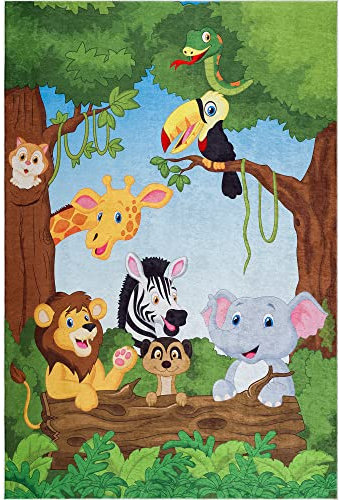 Pasha Home Kinderteppich 160x230 cm Animals/Kinder Spielteppiche aus Polyester- & Flanellfasern/Teppiche fürs Kinderzimmer antirutsch & schmutzabweisend/Spielteppich Zoo waschbar