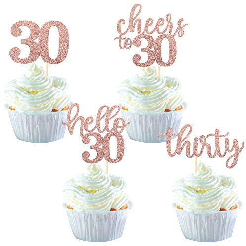 SYKYCTCY 36Pack 30th Birthday Cupcake Toppers Glitter Cheers to 30 Cake Toppers Hello 30 Thirty Cupcake Picks for 30th Birthday Anniversary Party Cake Decoratons Supplies Rose Gold