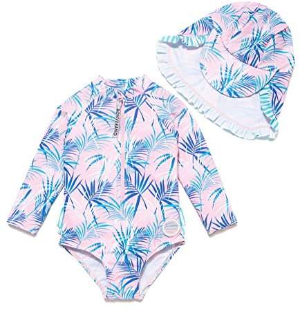 BONVERANO Traje de baño de una Pieza para niña, Mangas largas, protección UV 50+ con Gorra(Azul-Bambú,12-18meses…