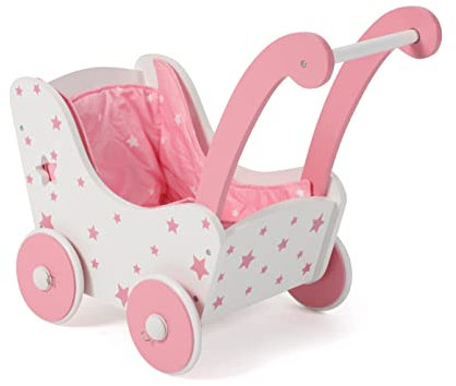 Bayer Chic 2000 - Puppenwagen aus Holz, Holzpuppenwagen für Puppen bis zu Einer Größe von 54 cm, Stars pink