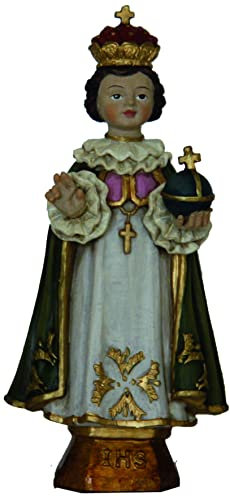ÖLBAUM Figur Prager Jesuskind, Jesulein -Jesus Kind von Prag, Mantel grün-Weiss, in klassisch-schlichtem Gewand, 12cm Replik Heilige Heiligenfigur HANDBEMALT, Prager Jesulein spendet Glück und Segen