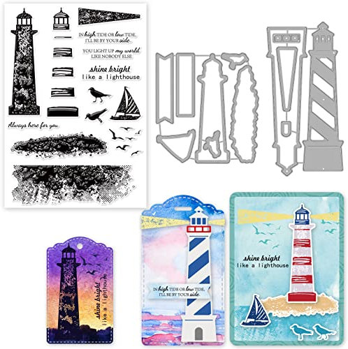 INFUNLY Leuchtturm-Stempel Und -Stanzformen Für Die Kartenherstellung Metallstanzformen Und Stempelset Wort Möwe Gummi Klar Weihnachten Thanksgiving Geschenke Für DIY Basteln Scrapbooking Dekoration