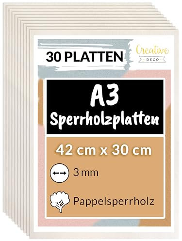 Creative Deco 30 x A3 Sperrholzplatte 3mm Pappelsperrholz | 420 x 300 (+/- 2) mm | Dünne Holz-Zuschnitte | Perfektes Blatt für Laubsäge, Brandmalerei, Laserschnitt, CNC Router, Durchbrochenes