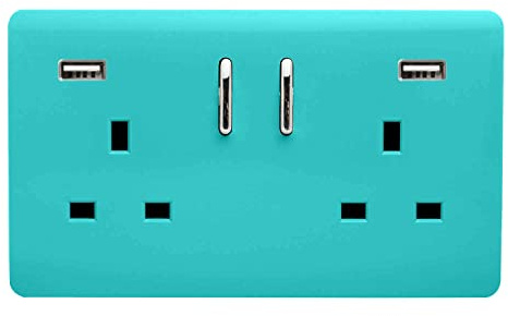 Trendi 2 Gang Artistic Modern Glossy 13 Amp 2 x 3.1mA USB Switched Plug Socket Bright Teal